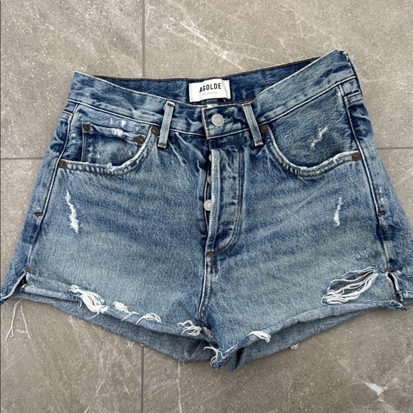 Agolde Blue Distressed Denim Shorts - Picture 1 of 5